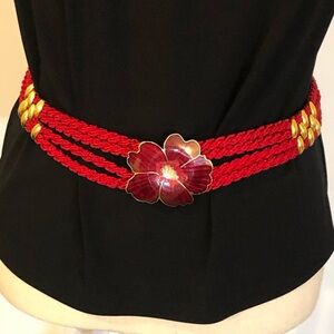 Vintage red stretch belt with enamel flower